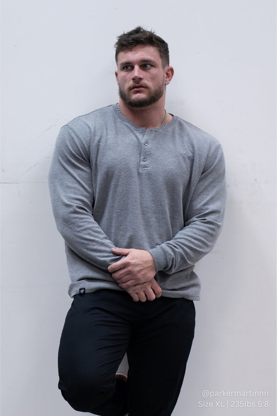 Waffle Knit Henley Long Sleeve T-Shirt - Dark Gray