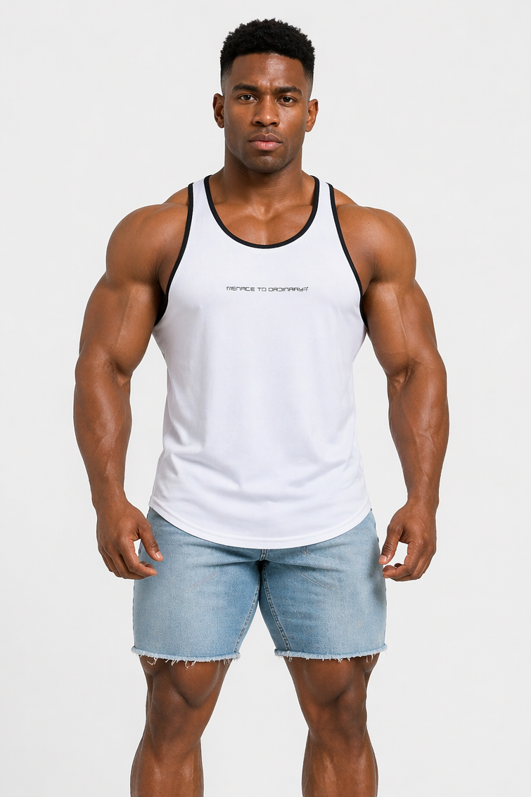 Fast-Dry Bodybuilding Workout Stringer - White w/ Navy Menace