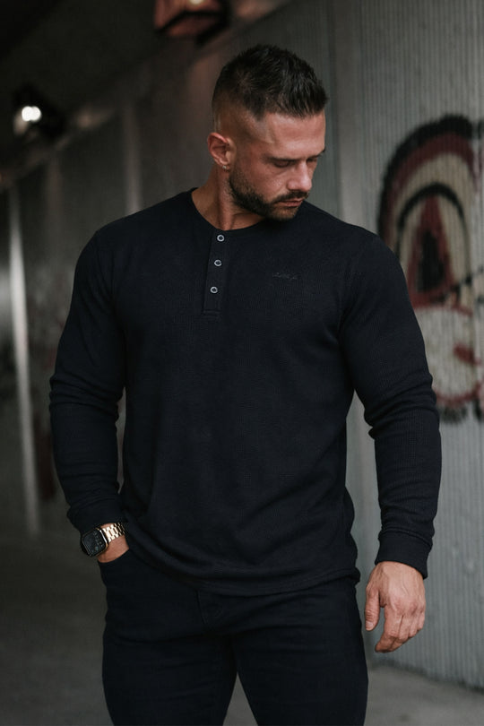 Waffle Knit Henley Long Sleeve T-Shirt - Black