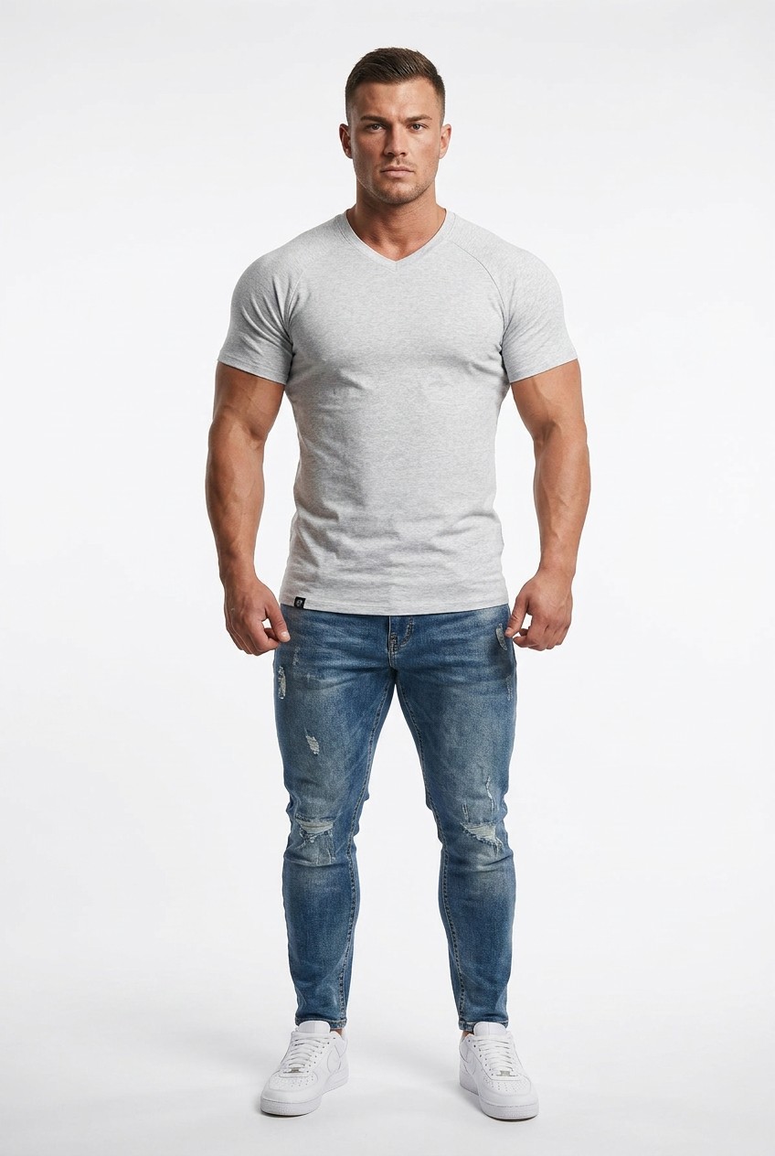 V Neck Muscle-Fit T-Shirt - Light Gray