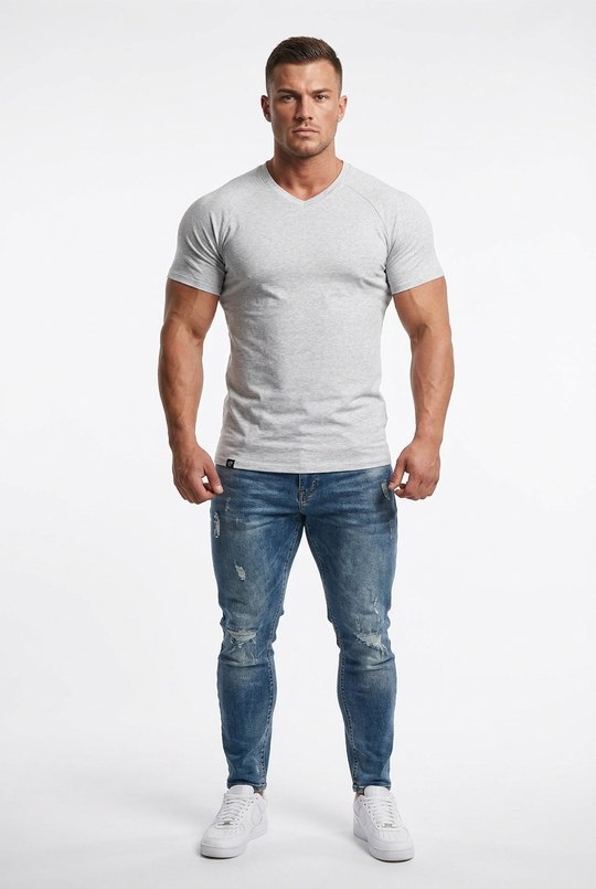 V Neck Muscle-Fit T-Shirt - Light Gray