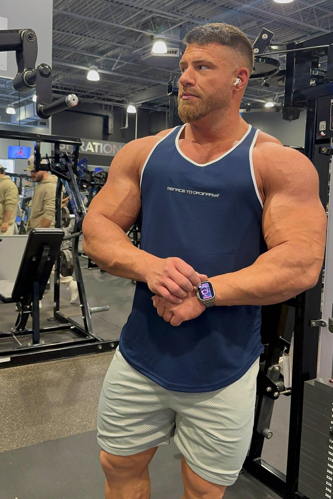 Fast-Dry Bodybuilding Workout Stringer - Navy w/ White Menace