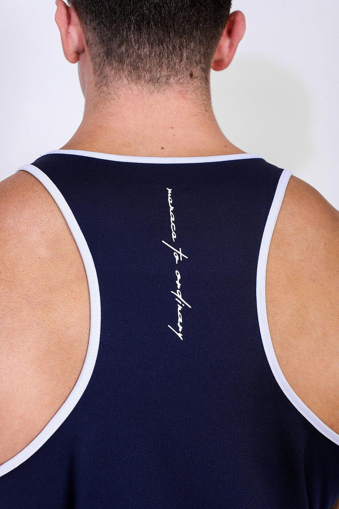 Fast-Dry Bodybuilding Workout Stringer - Navy w/ White Menace