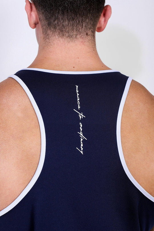Fast-Dry Bodybuilding Workout Stringer - Navy w/ White Menace