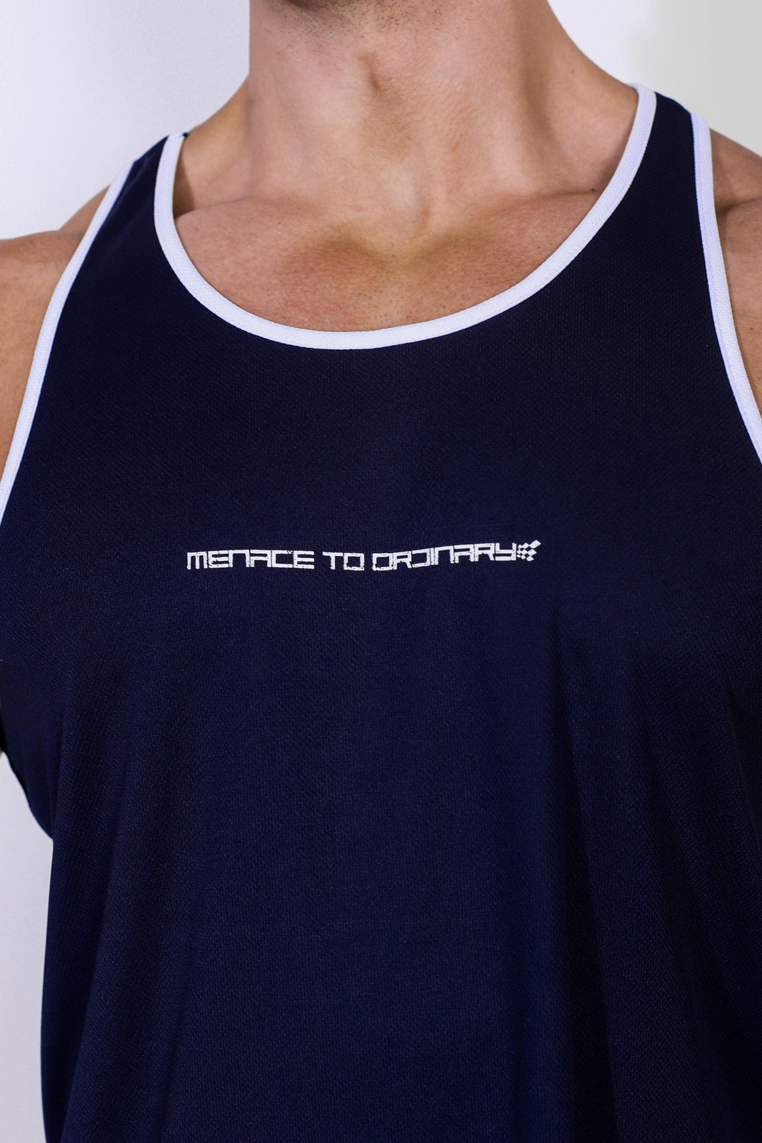 Fast-Dry Bodybuilding Workout Stringer - Navy w/ White Menace