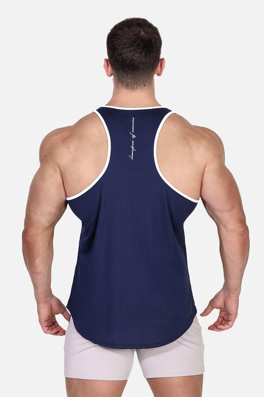 Fast-Dry Bodybuilding Workout Stringer - Navy w/ White Menace