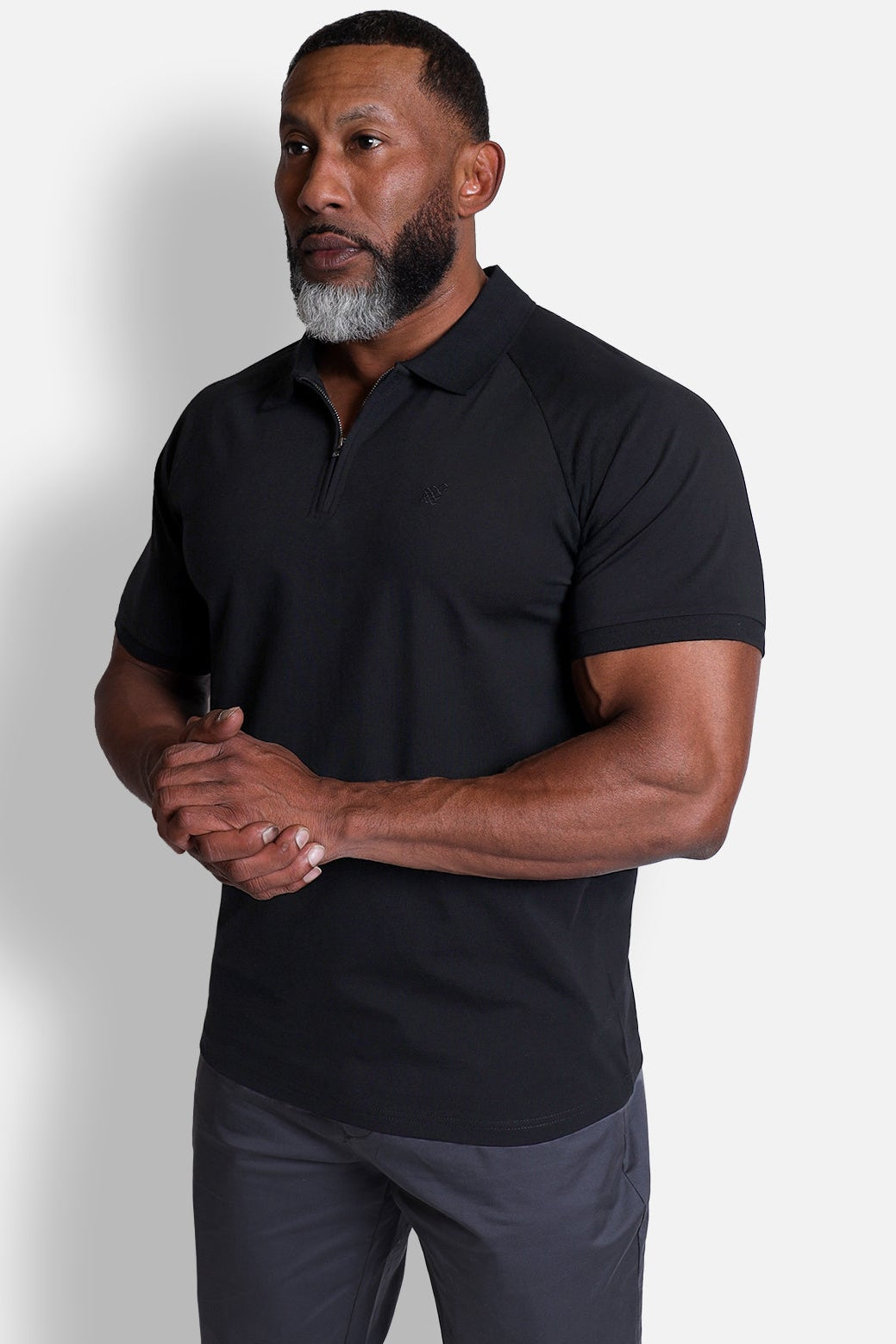 Premium Muscle-Fit Polo Tee w/ Zipper - Black