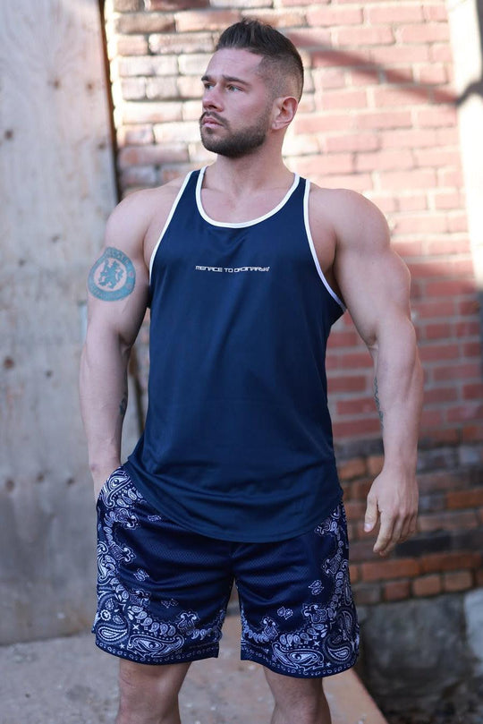 Fast-Dry Bodybuilding Workout Stringer - Navy w/ White Menace