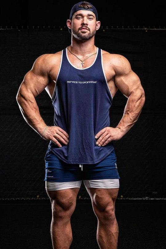 Fast-Dry Bodybuilding Workout Stringer - Navy w/ White Menace
