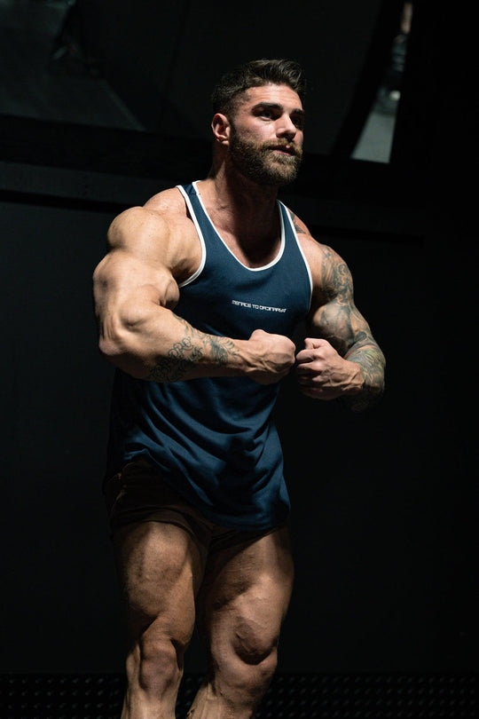 Fast-Dry Bodybuilding Workout Stringer - Navy w/ White Menace